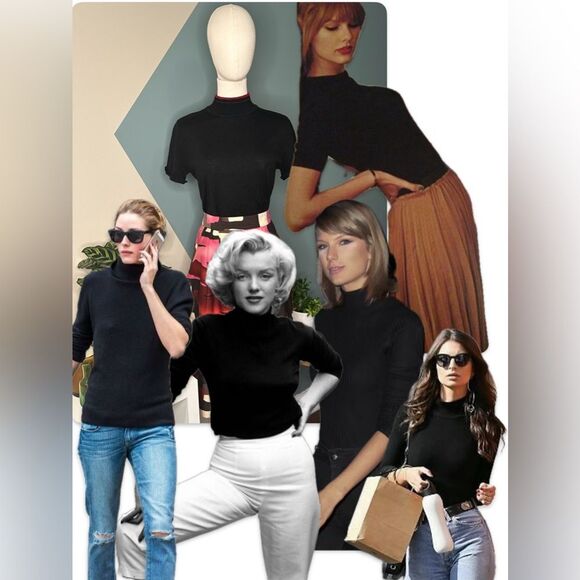 Tahari Black Knit Short Sleeve Mock Turtleneck Sweater with Red Trim - Size 6 - Picture 2 of 13